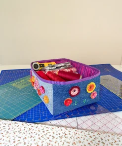Upcycled Denim Fabric Box with Fringe Embroidery